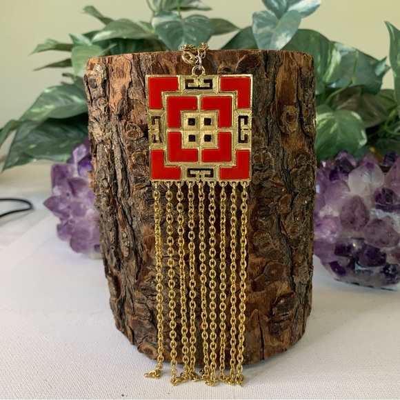 Asian Art Deco Red Enamel Dangling Chains Tassel Necklace Gold Tone Jewelry VTG - Picture 4 of 8